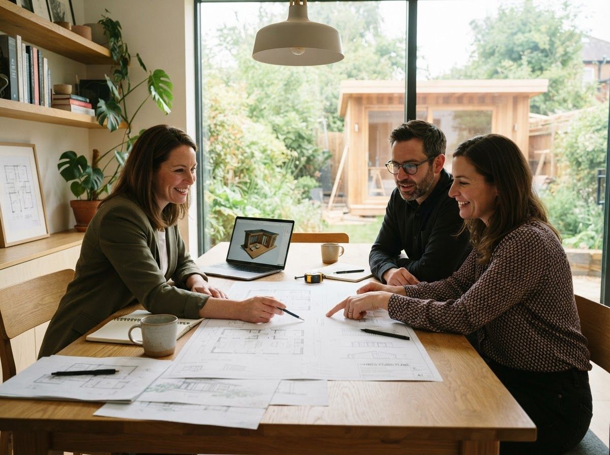Two of our designers going through plans with a client at their kitchen table